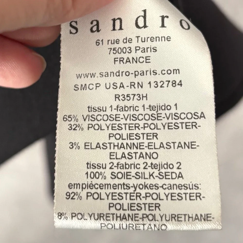 Sandro Paris‎ Black Mesh Yoke Flounce Hem Mini Dress Size S Metallic Bronze Trim